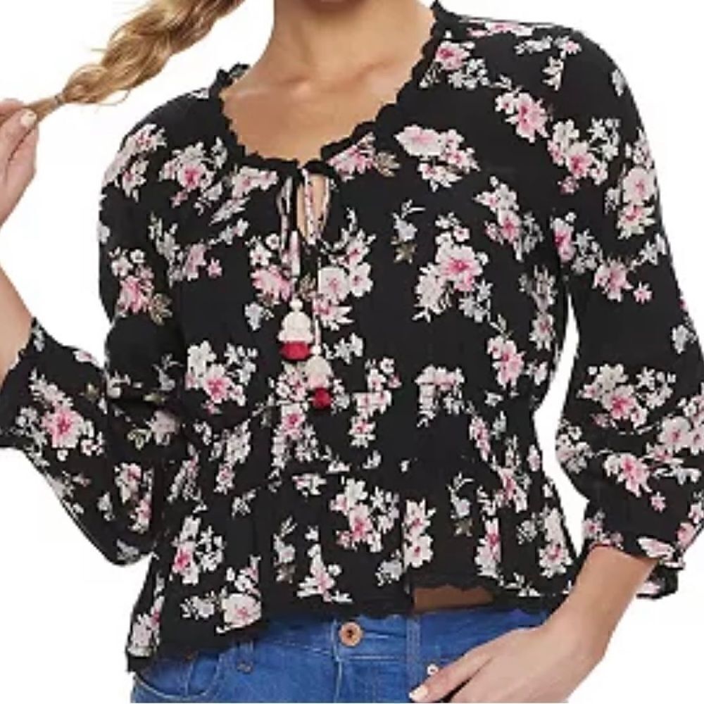 American Rag Black Floral Sweetheart Blouse